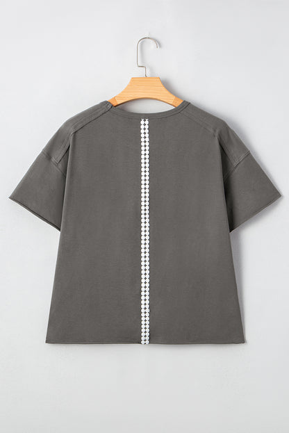 Medium Grey Lace Bow Raw Edge Drop Shoulder Casual T Shirt
