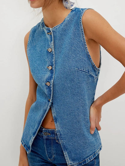 Button Down Round Neck Denim Vest Carauana Store