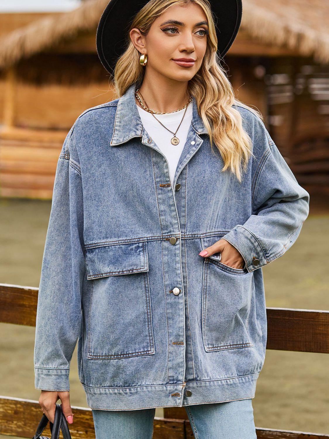Dropped Shoulder Denim Jacket with Pockets Carauana Store