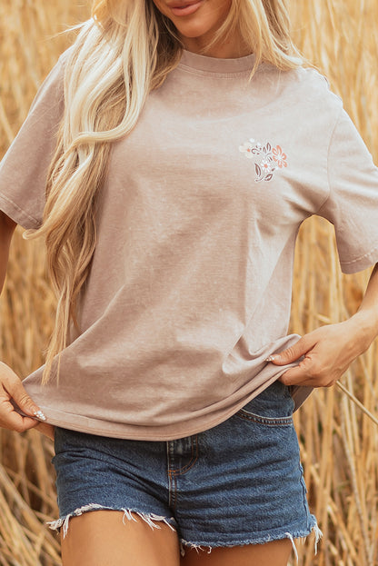 Smoke Gray Mineral Wash Floral Steer Head Printed Back Western Fashion Tee