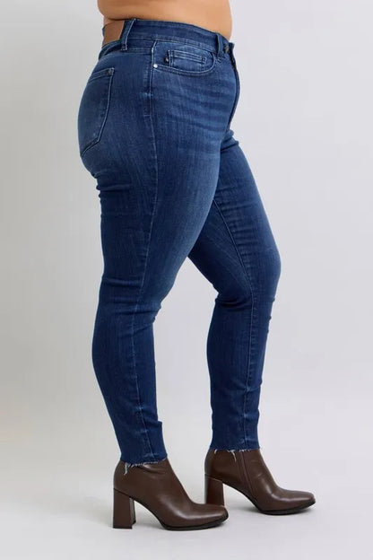 Judy Blue Full Size Mid Rise Skinny Jeans with Raw Hem Plus Size Carauana Store