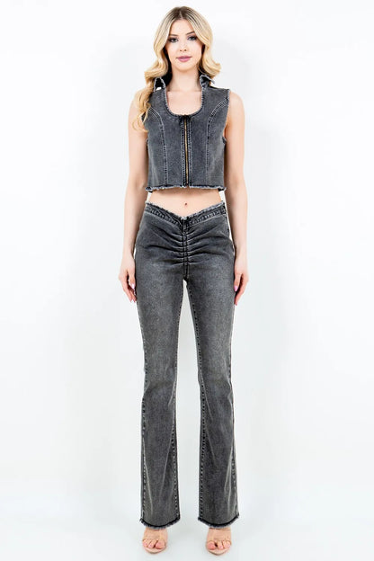 American Bazi Zip Up Washed Crop Denim Vest Carauana Store