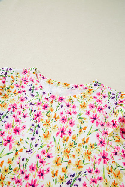 Pink Floral Puff Short Sleeve Crewneck Blouse