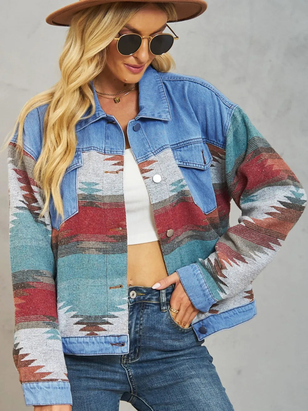 Geometric Button Up Dropped Shoulder Denim Jacket Carauana Store
