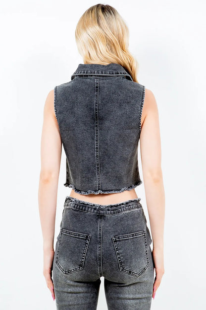 American Bazi Zip Up Washed Crop Denim Vest Carauana Store
