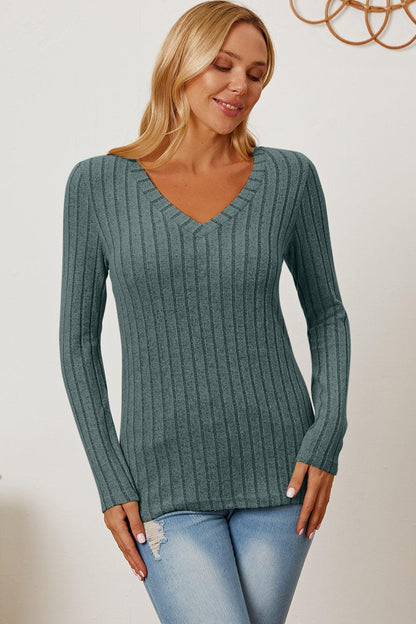 Basic Bae Full Size Ribbed V-Neck Long Sleeve T-Shirt Carauana Store