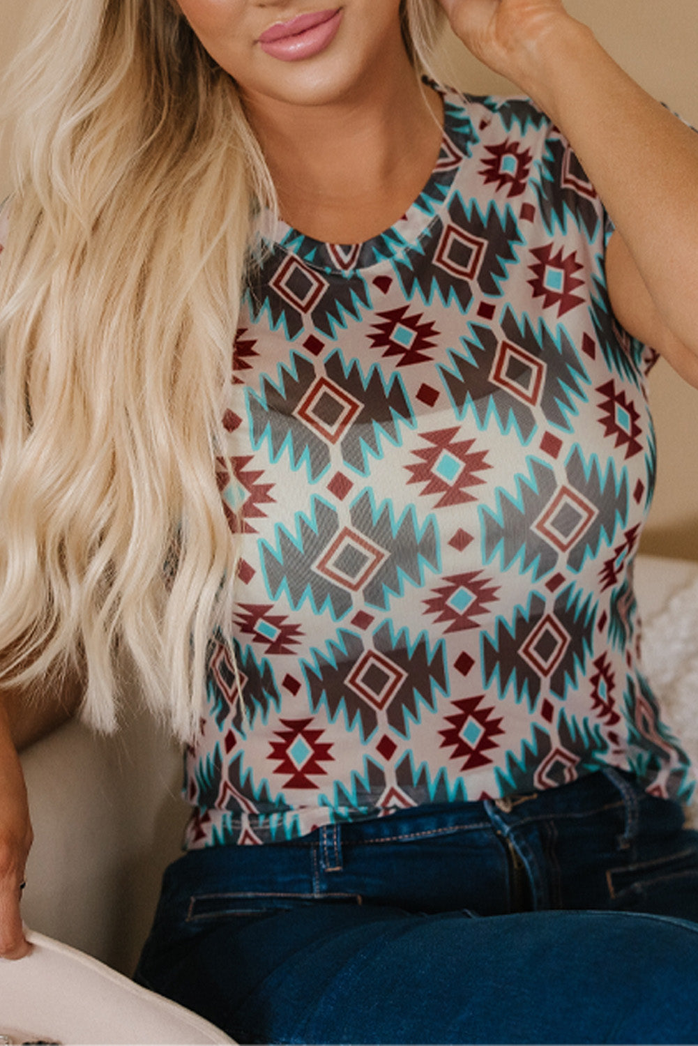 Blue Western Aztec Print Mesh Slim T Shirt