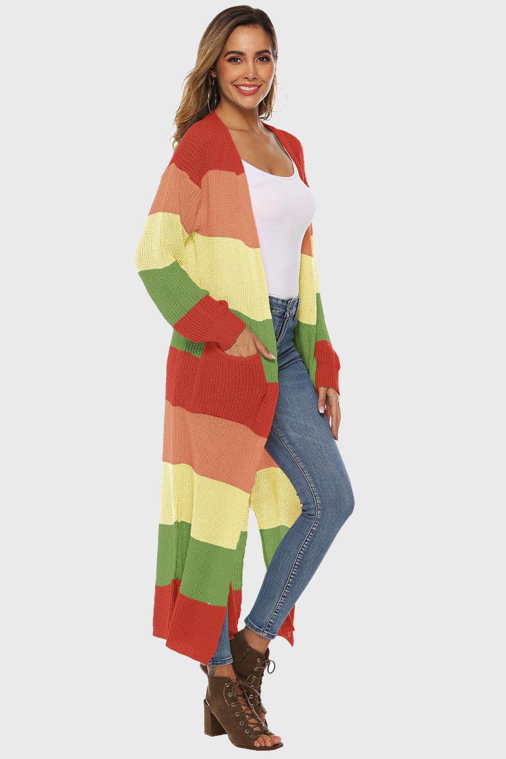 Color Block Long Sleeve Pocketed Cardigan Carauana Store