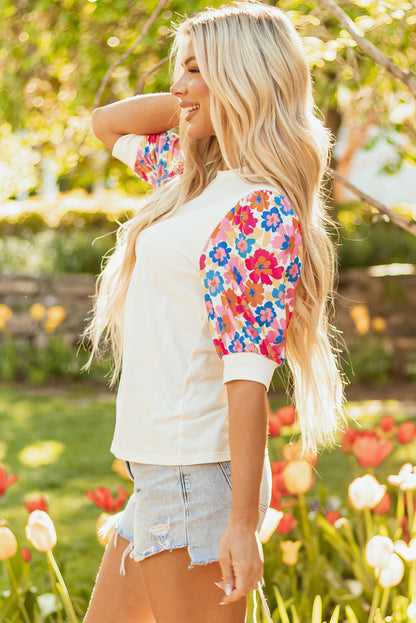 Beige Floral Puff Sleeve Patchwork Round Neck Top