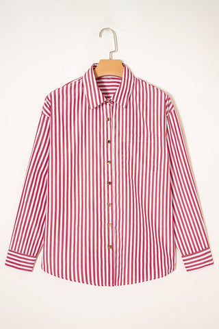 Red Stripe Patched Pocket Side Slit Loose Shirt