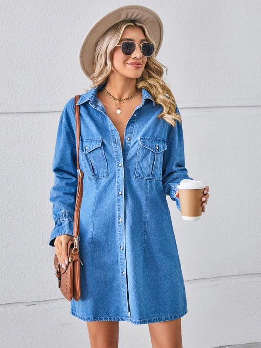 Pocketed Dropped Shoulder Mini Denim Dress Carauana Store