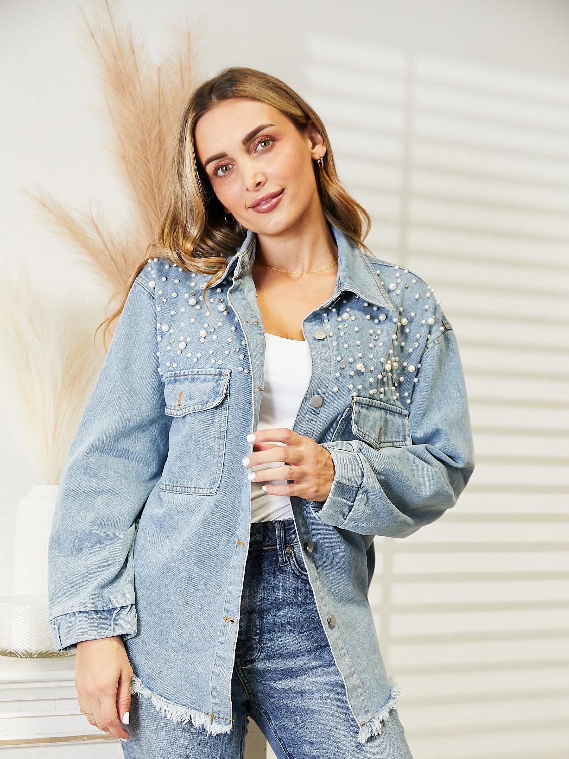 Collared Neck Raw Hem Dropped Shoulder Denim Jacket Carauana Store