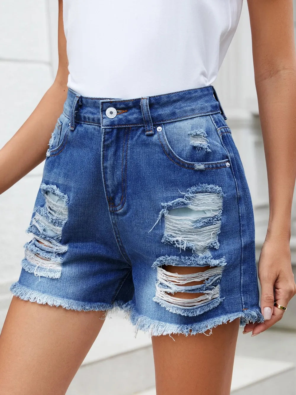 Distressed Raw Hem Denim Shorts Carauana Store