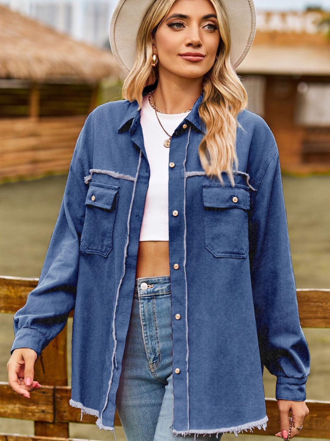 Button Up Collared Neck Raw Hem Denim Top Carauana Store