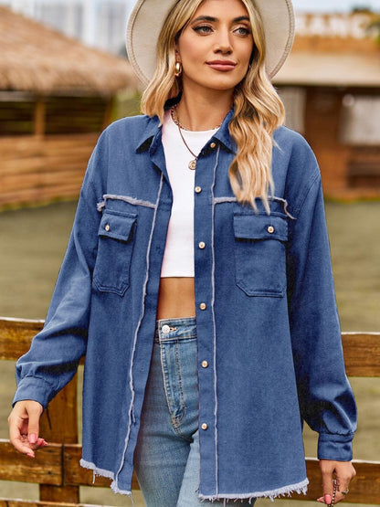 Button Up Collared Neck Raw Hem Denim Top Carauana Store