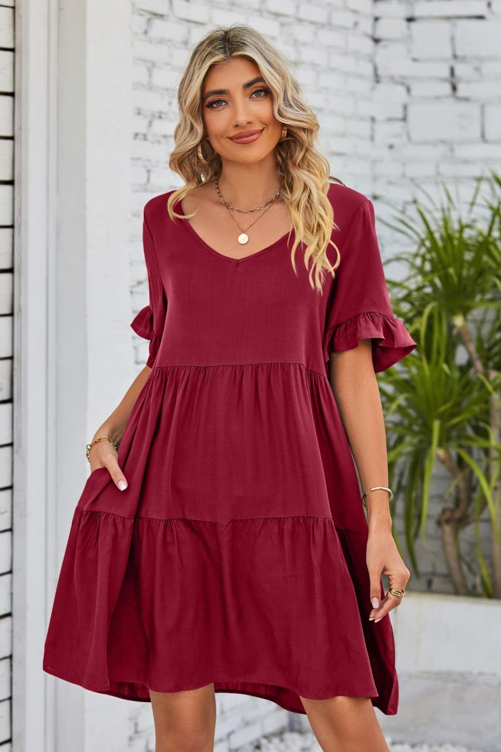 V-Neck Flounce Sleeve Tiered Dress Carauana Store