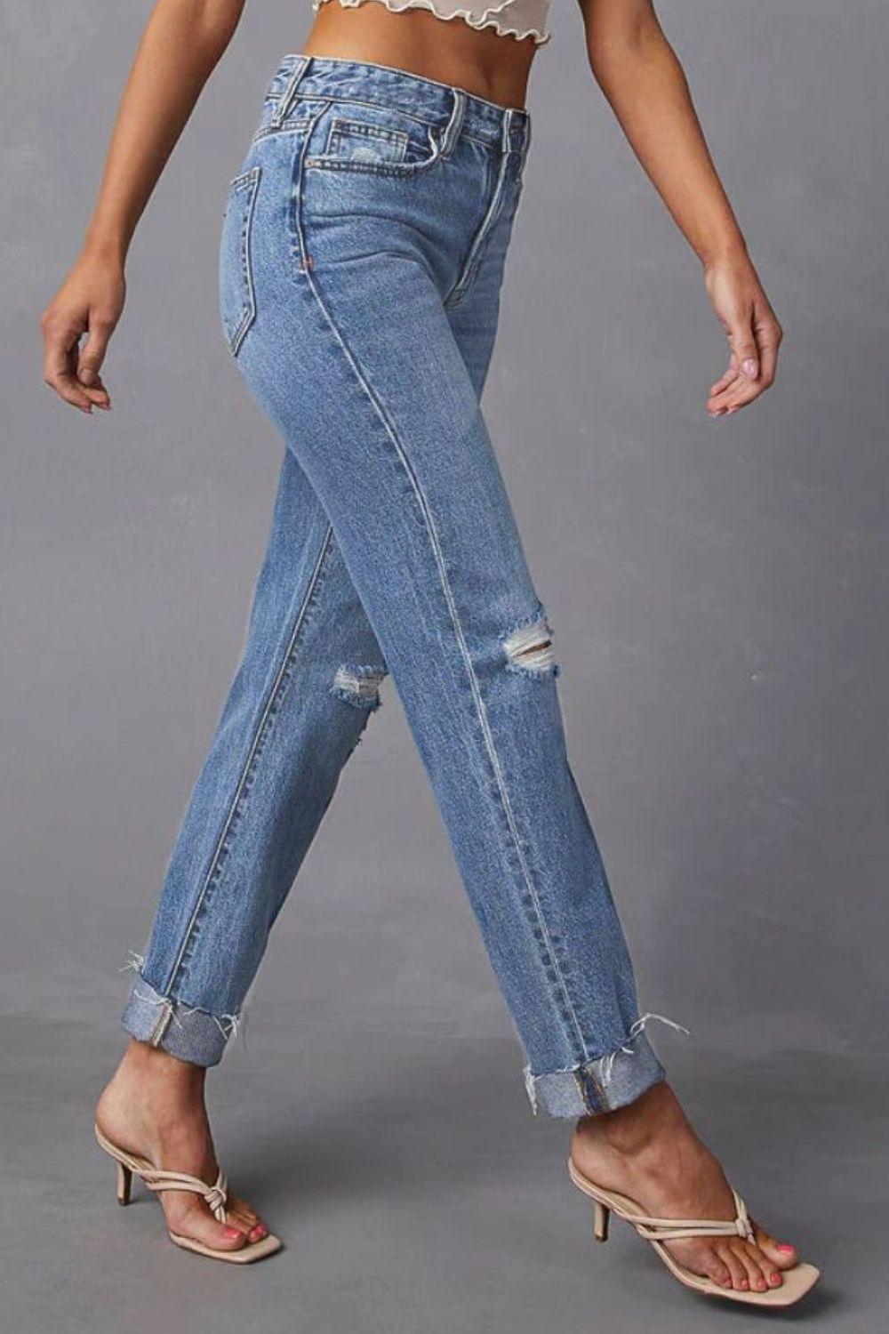 Distressed Raw Hem Straight Jeans with Pockets Carauana Store