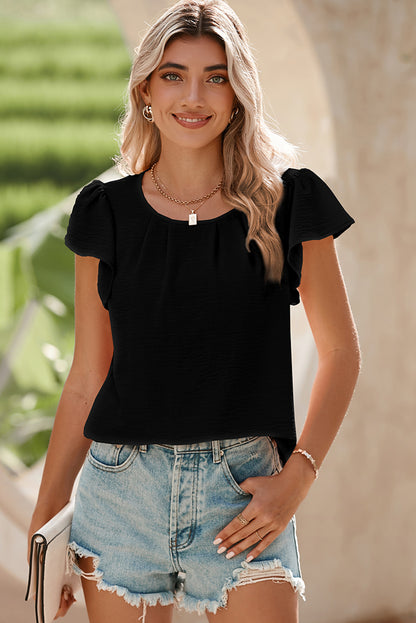 Black Flounce Sleeve Pleated Textured Blouse