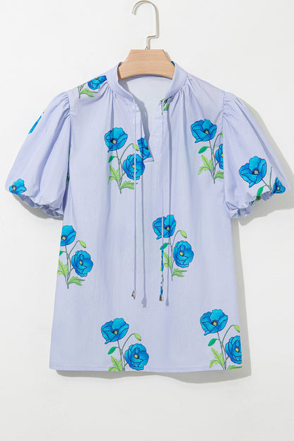 Sky Blue Floral Print Tie Split Neck Short Puff Sleeve Blouse