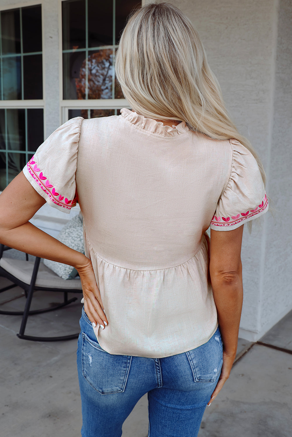Beige Floral Embroidered Short Sleeve Notched V Neck Blouse