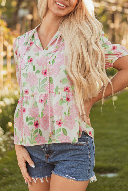 Pink Floral Print Drawstring V Neck Peplum Blouse