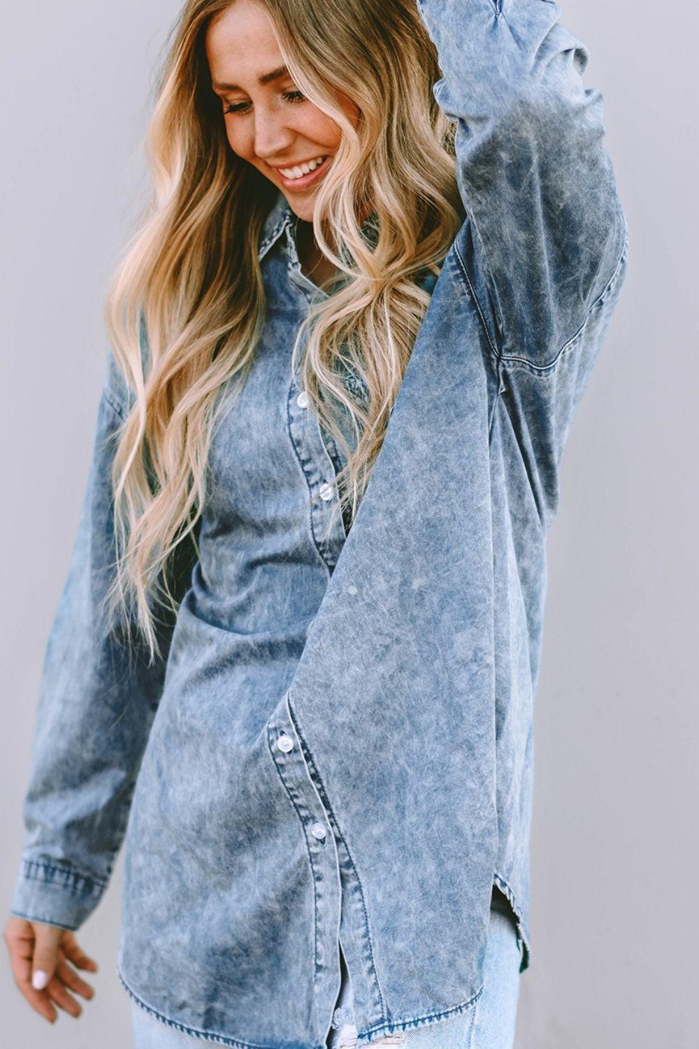 Button Up Dropped Shoulder Denim Top Carauana Store