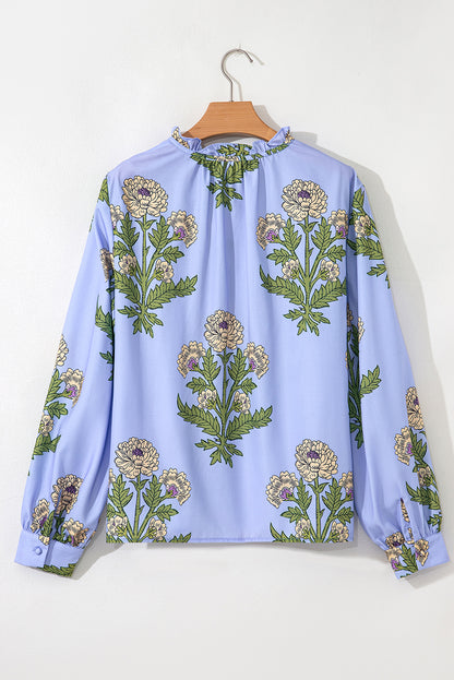 Sky Blue Floral Print Button Tie Neck Long Puff Sleeve Blouse