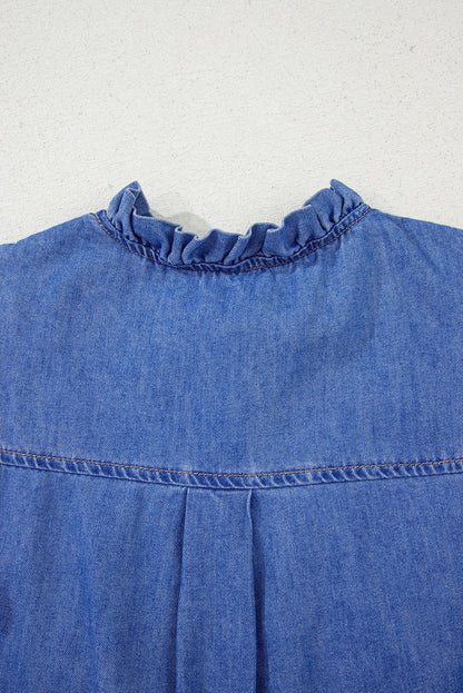 Sky Blue Mineral Wash Frilled Button Up Denim Shirt