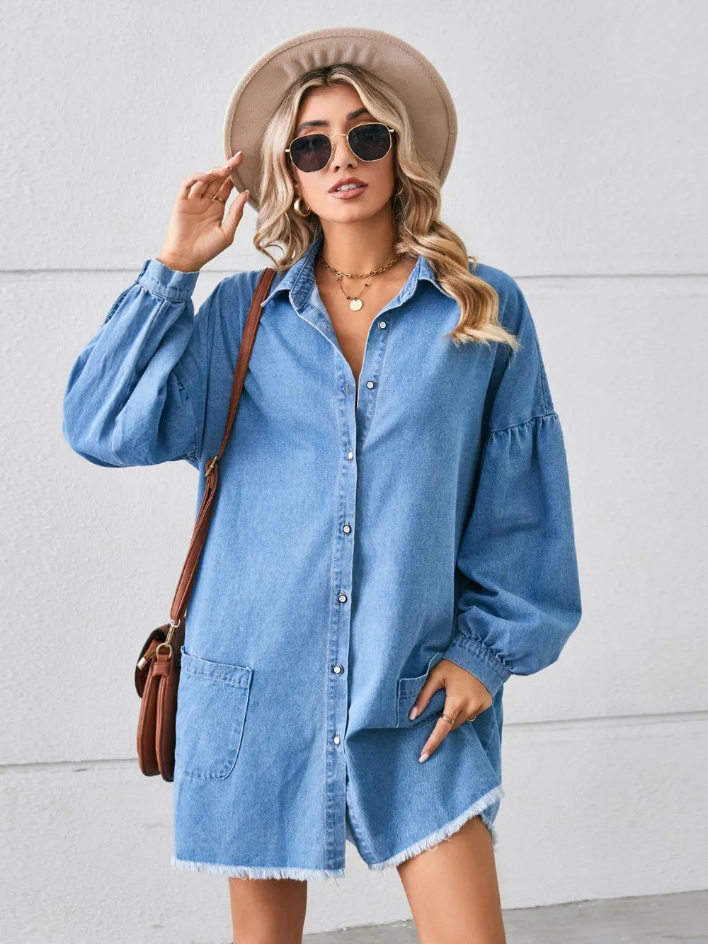 Button Up Pocketed Raw Hem Denim Dress Carauana Store