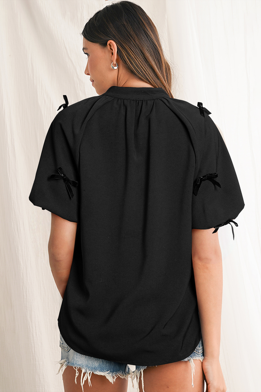 Black Bow Decor Puff Sleeve Split Neck Blouse