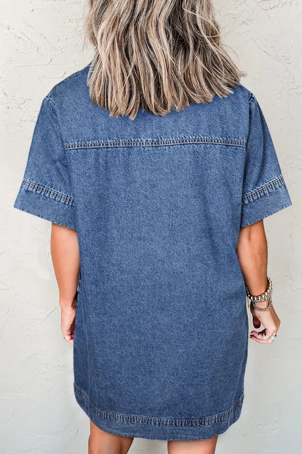 Short Sleeve Collared Patched Pocket Denim Mini Dress Carauana Store
