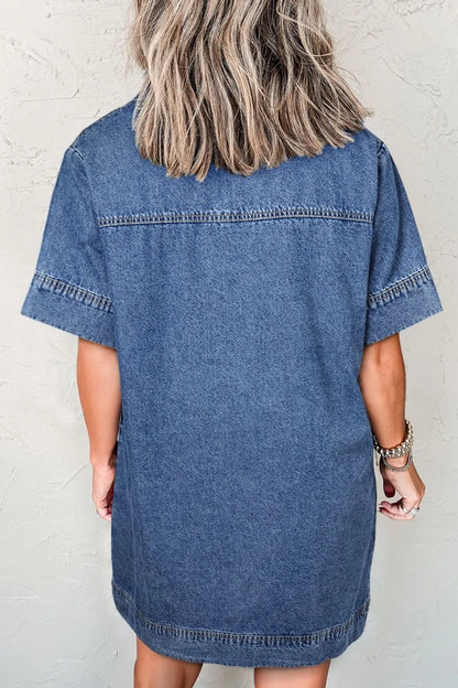 Short Sleeve Collared Patched Pocket Denim Mini Dress Carauana Store