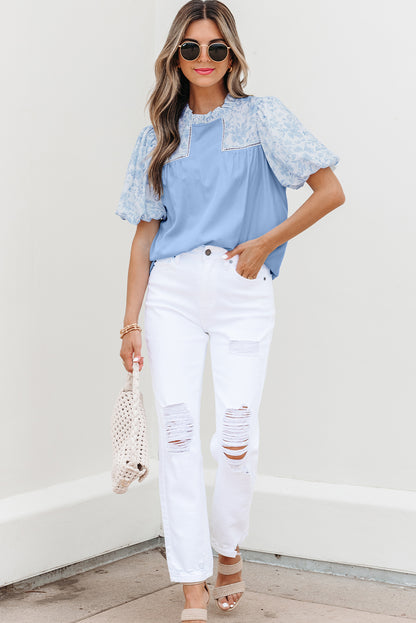 Beau Blue Lace Insert Floral Puff Sleeve Patchwork Loose Blouse