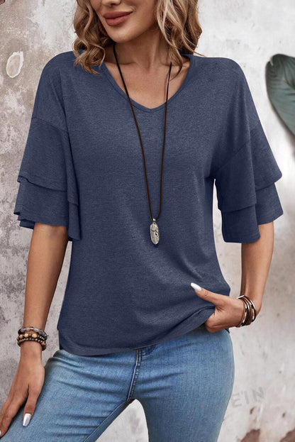 Sail Blue Solid Colour V-Neck Double Layer Sleeve Loose T-Shirt