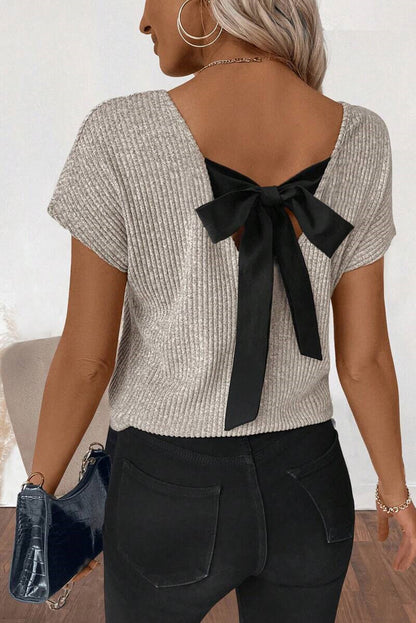 Gray Morn Ribbed Short Sleeve V Neck Colorblock Bow Back Top