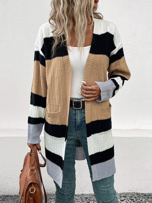 Perfee Color Block Open Front Drop Shoulder Cardigan Carauana Store