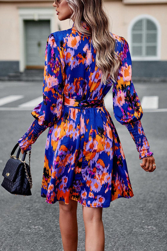 Printed Tie Waist Mock Neck Lantern Sleeve Dress Carauana Store