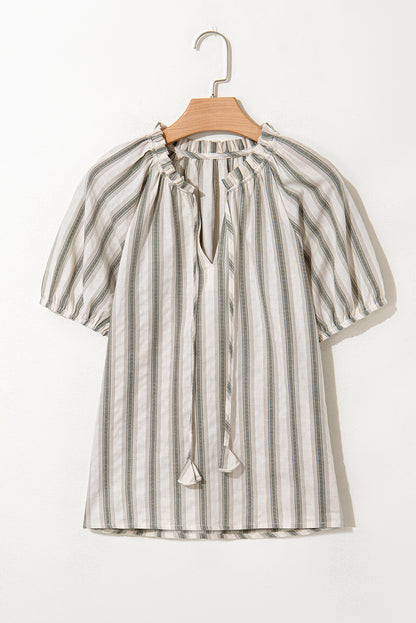Gray Stripe Frilled Tie Neck Short Sleeve Blouse