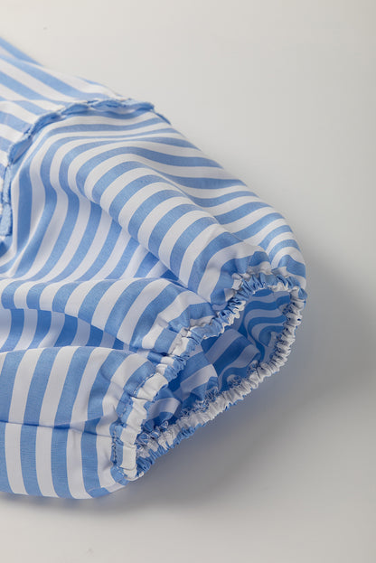 Sky Blue Stripe Shirt Collar V Neck Ricrac Trim 3/4 Puff Sleeve Blouse