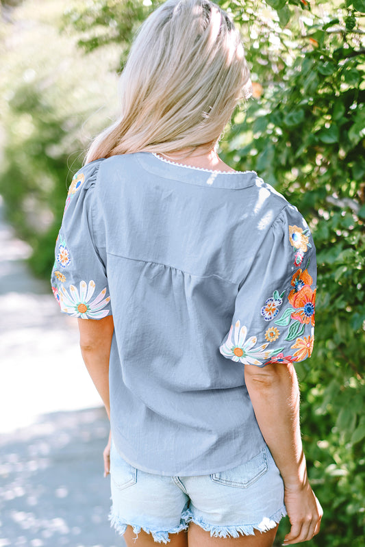 Beau Blue Floral Embroidered Puff Sleeve Split Neck Blouse