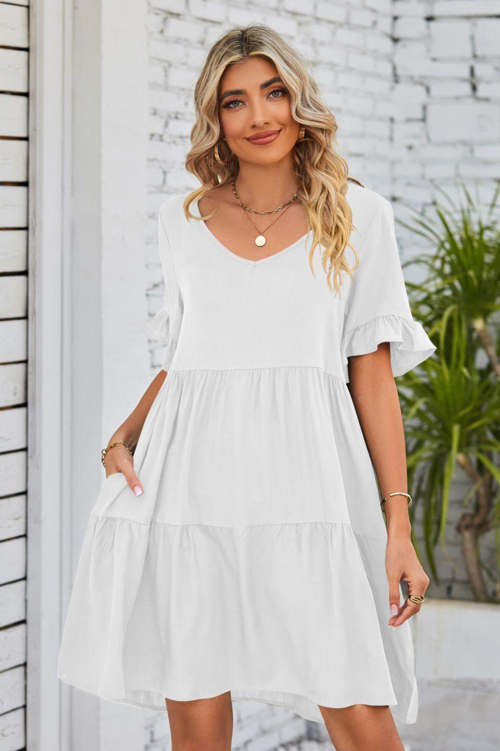 V-Neck Flounce Sleeve Tiered Dress Carauana Store