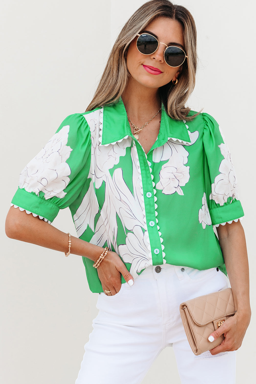 Green Floral Ric Rac Edge Puff Sleeve Button Up Summer Shirt