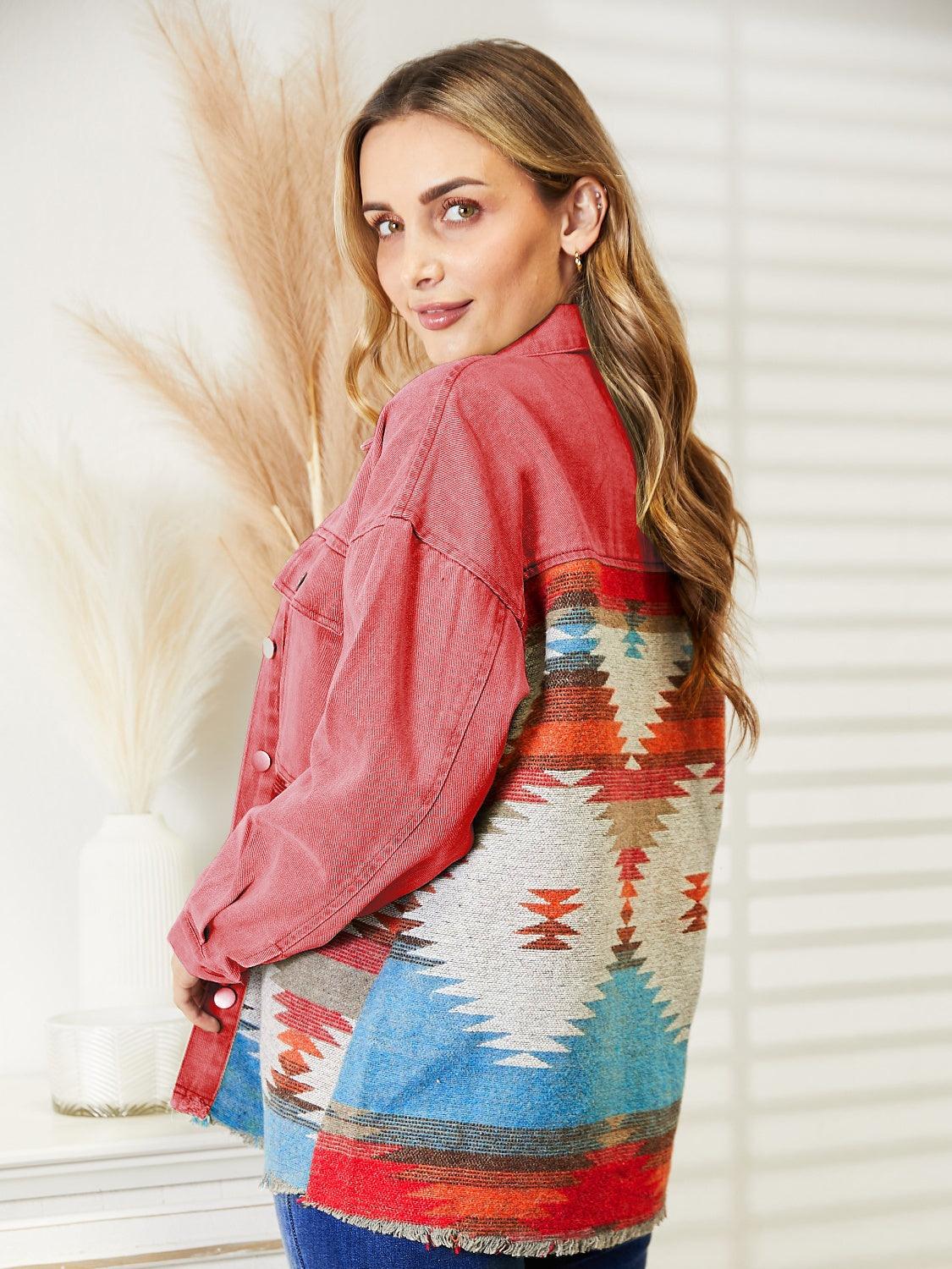 Dropped Shoulder Long Sleeve Printed Denim Jacket Carauana Store