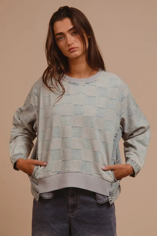 BiBi Mineral Washed Checkered Round Neck Denim Top Carauana Store
