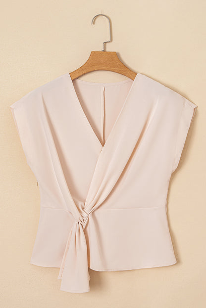 White Surplice V Neck Knotted Ruched Short Sleeve Peplum Blouse