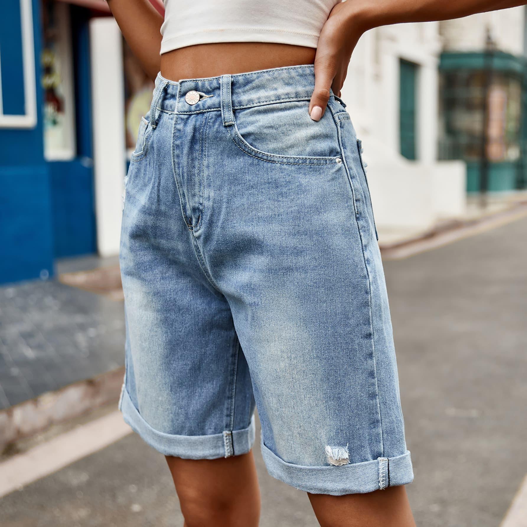 Distressed Buttoned Denim Shorts with Pockets Carauana Store