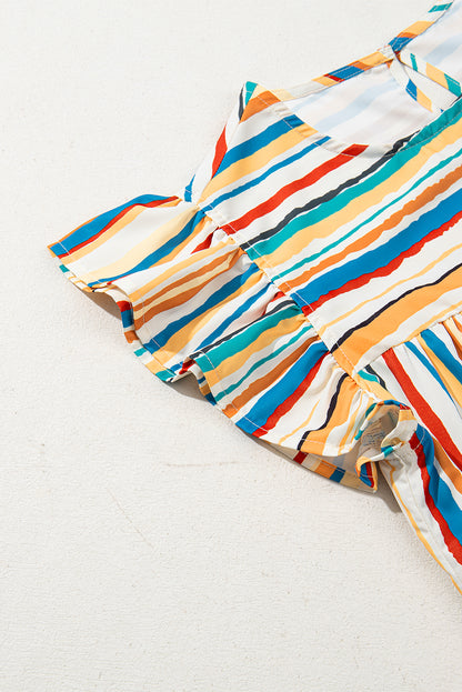 Multicolour Vibrant Stripes Printed Flutter Sleeve Babydoll Blouse