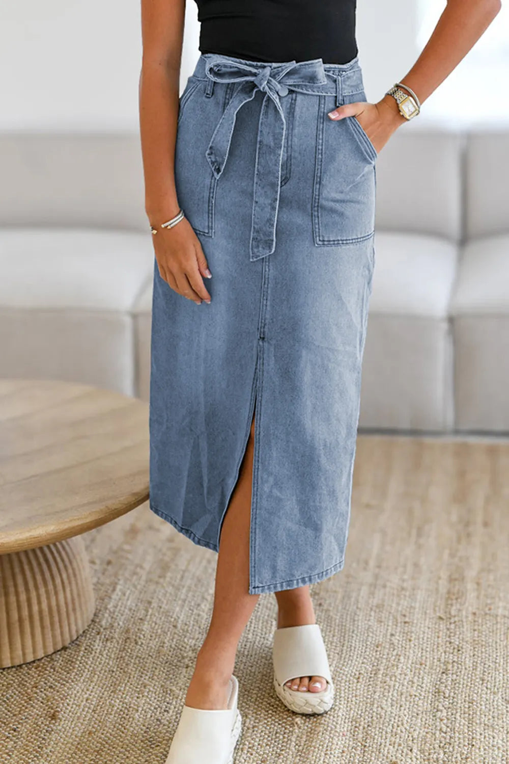 Tied Slit Denim Skirt Carauana Store