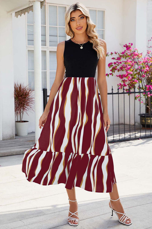 Striped Round Neck Sleeveless Midi Dress Carauana Store