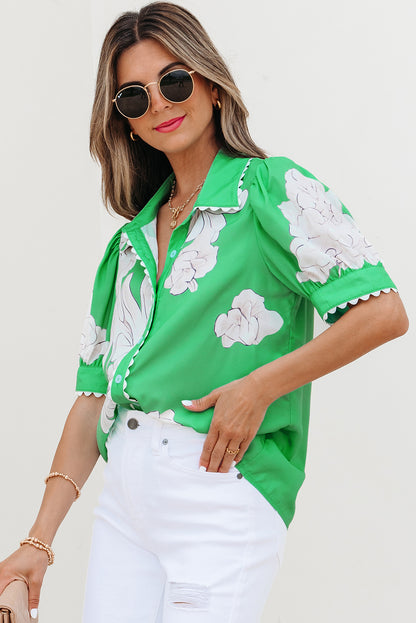 Green Floral Ric Rac Edge Puff Sleeve Button Up Summer Shirt